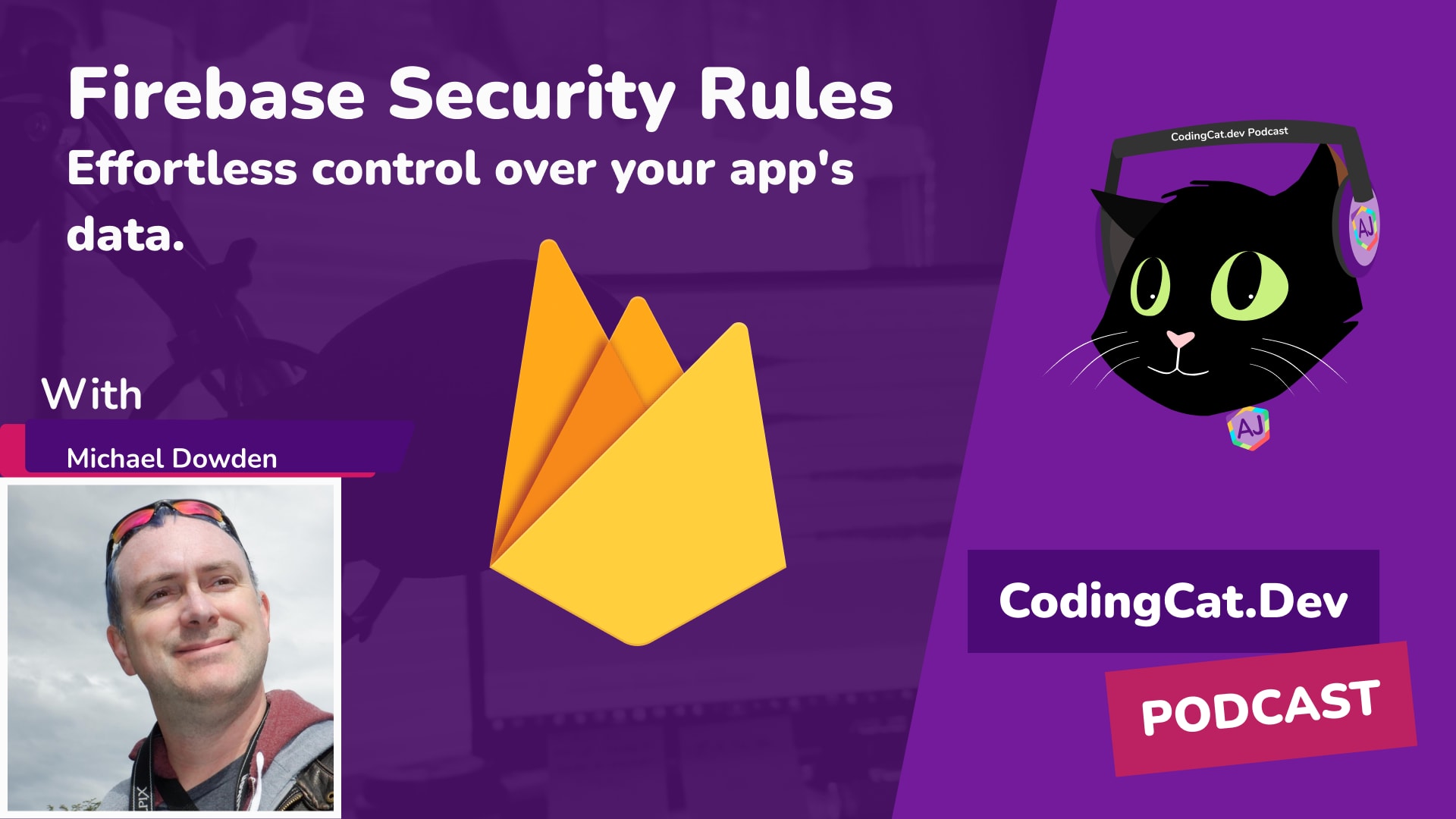 Picture with Michael Dowden and Firebase Logo on the CodingCat.dev Podcast with Black Cat Logo